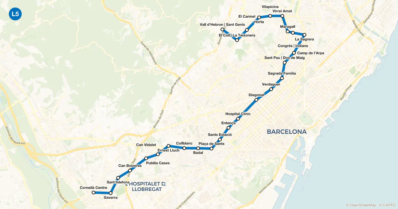 Plano de la línea L5 del metro de Barcelona