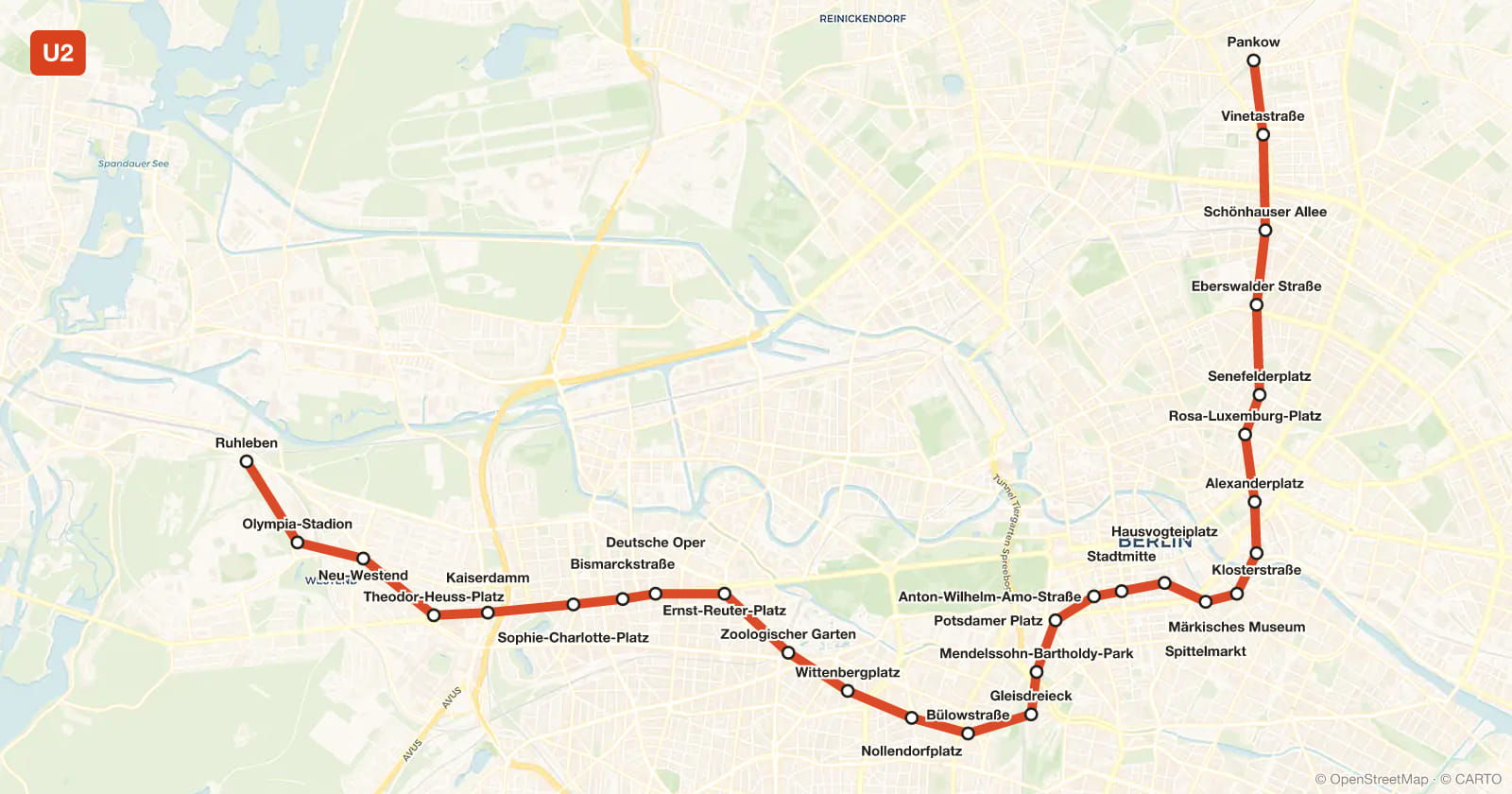 Line U2 map, Berlin metro