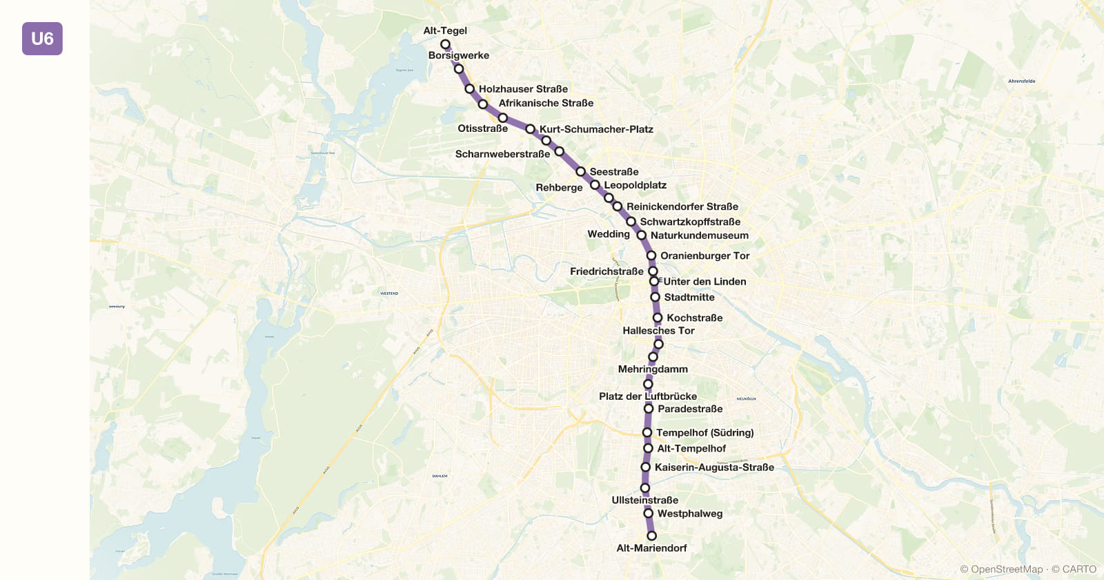 Line U6 map, Berlin metro