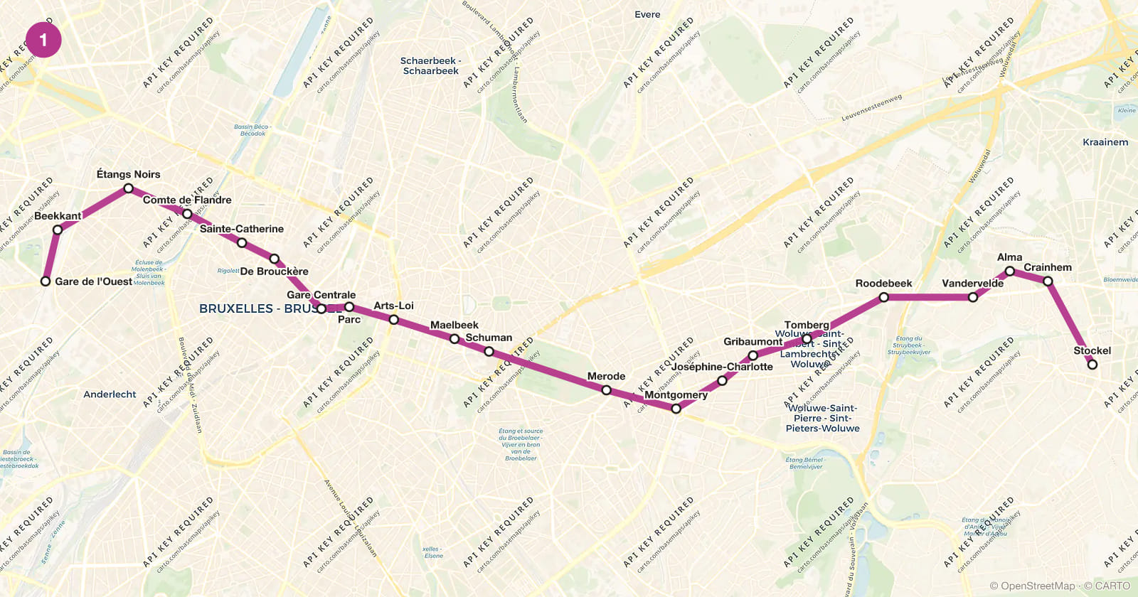 Plan de la ligne 1 du métro de Bruxelles