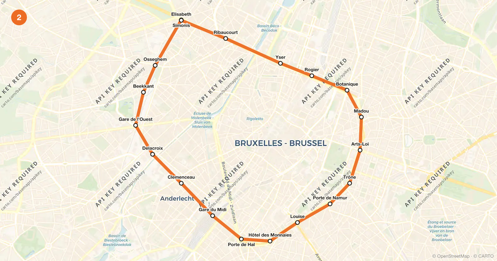 Plan de la ligne 2 du métro de Bruxelles