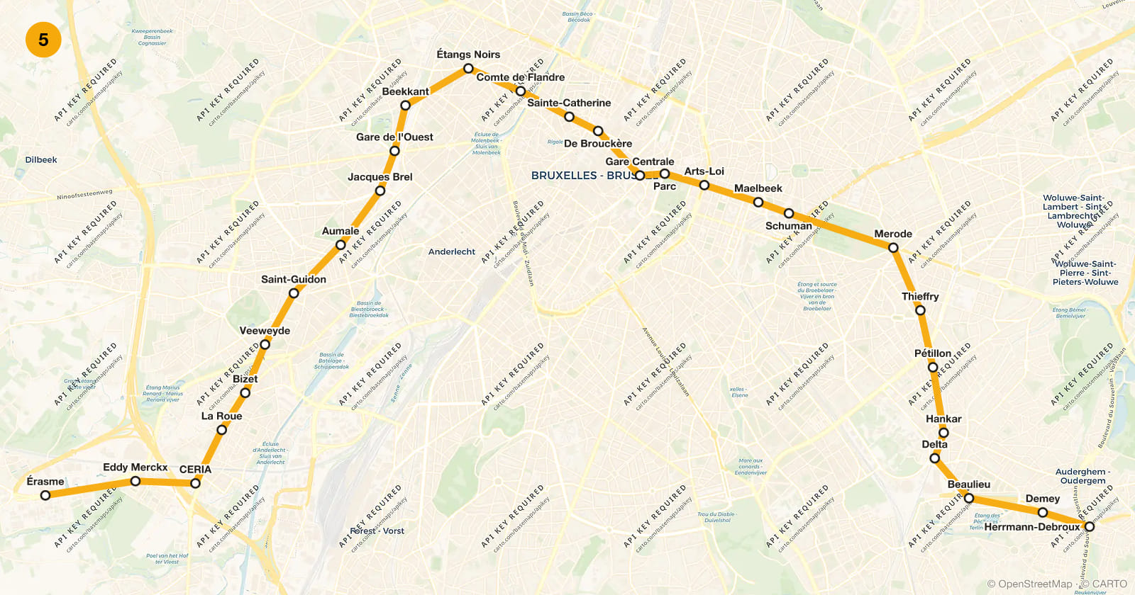 Plan de la ligne 5 du métro de Bruxelles