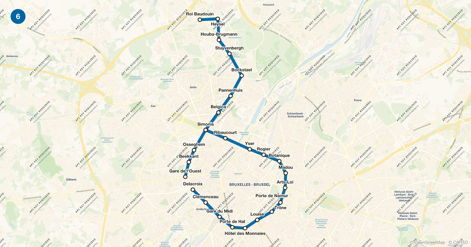 Plan de la ligne 6 du métro de Bruxelles