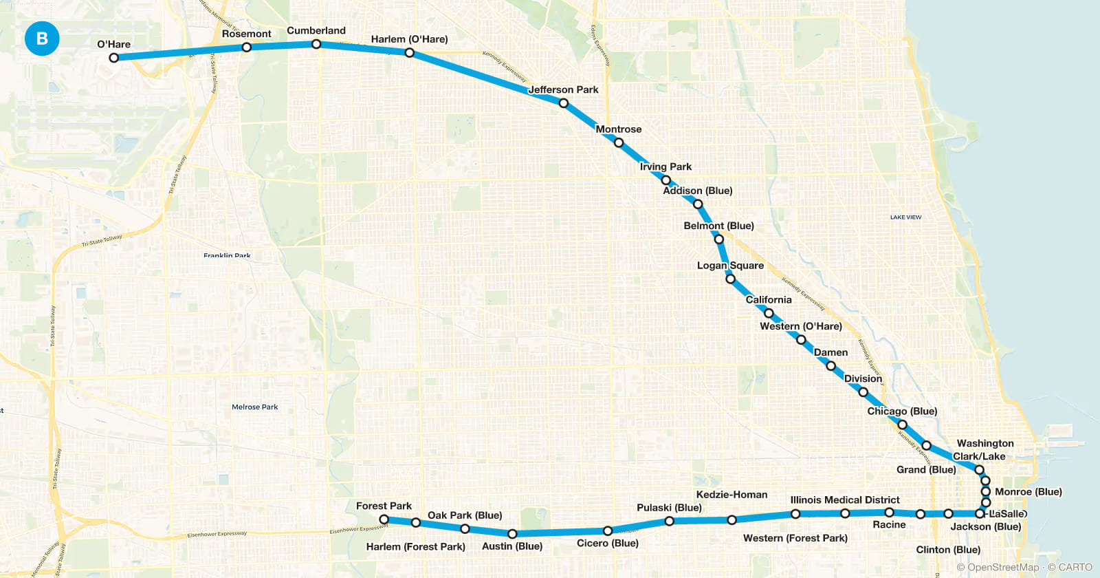 Blue line map, Chicago metro