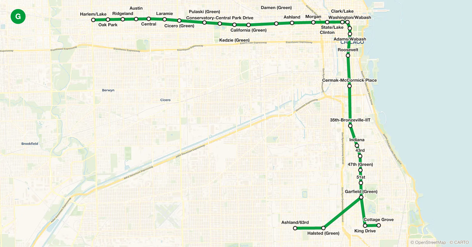Green line map, Chicago metro