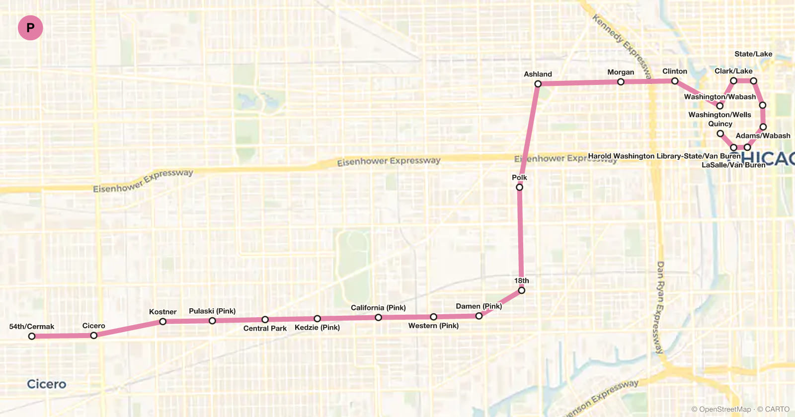 Pink line map, Chicago metro
