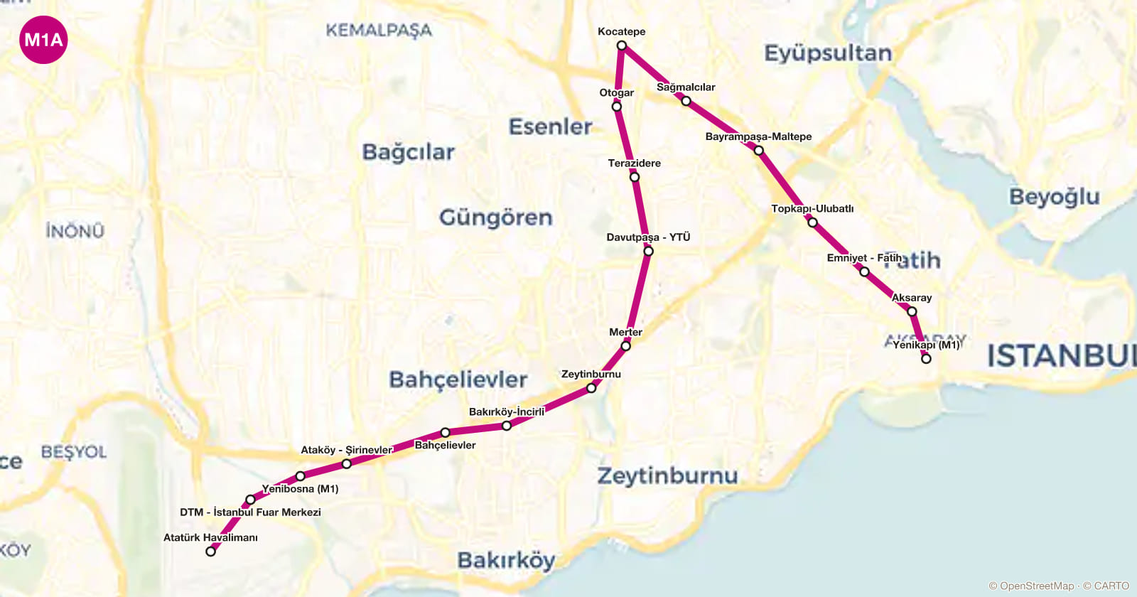 Line M1A map, Istanbul metro