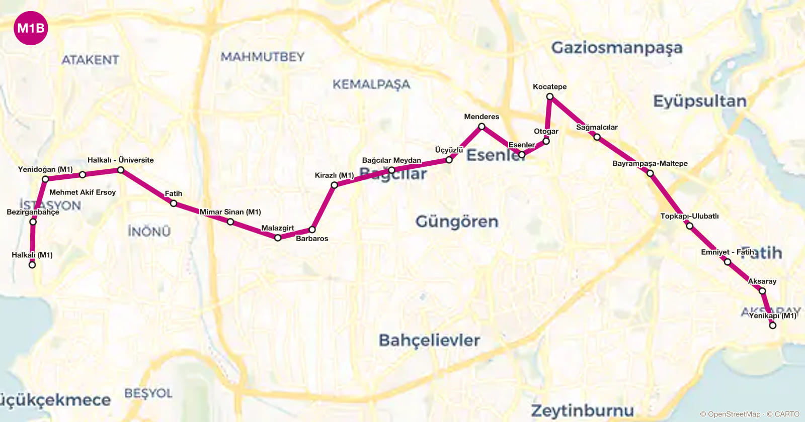 M1B hattı haritası, İstanbul metrosu