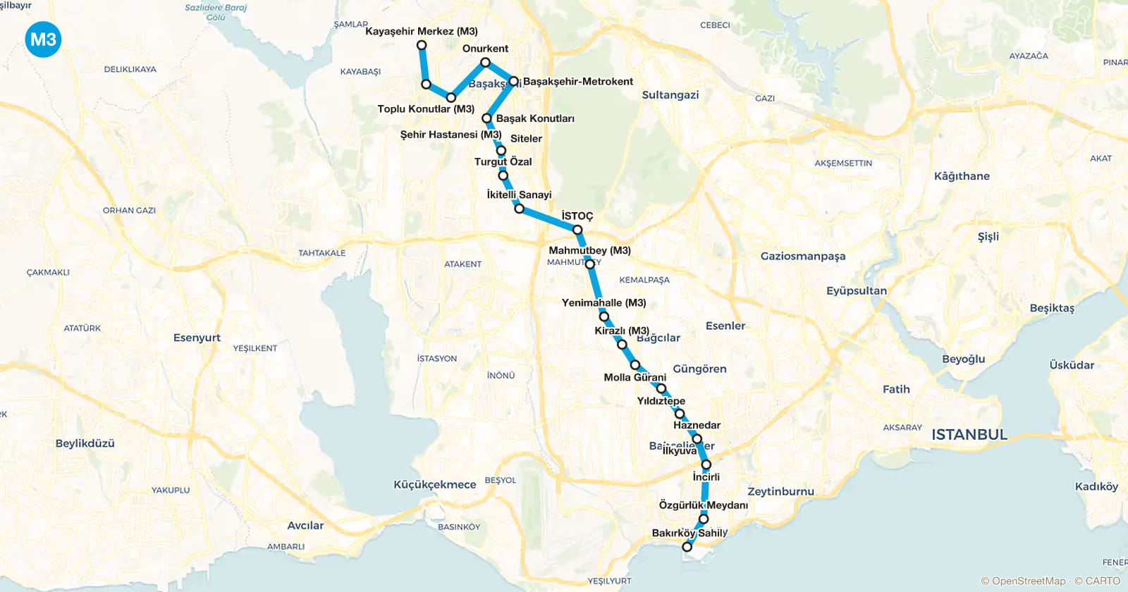 M3 hattı haritası, İstanbul metrosu