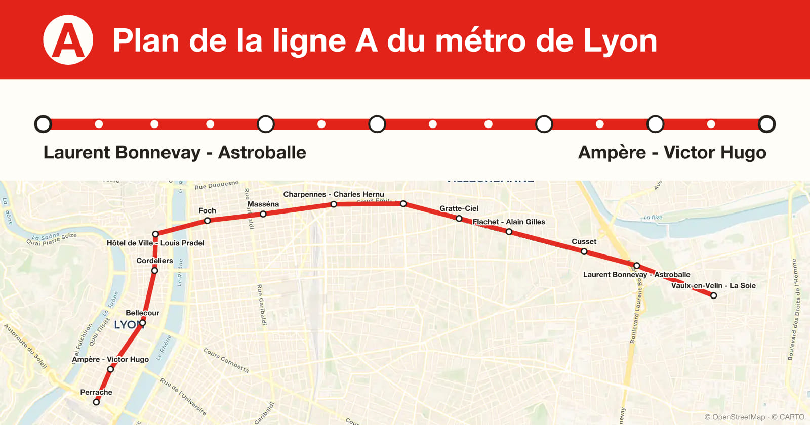 Plan de la ligne A du métro de Lyon