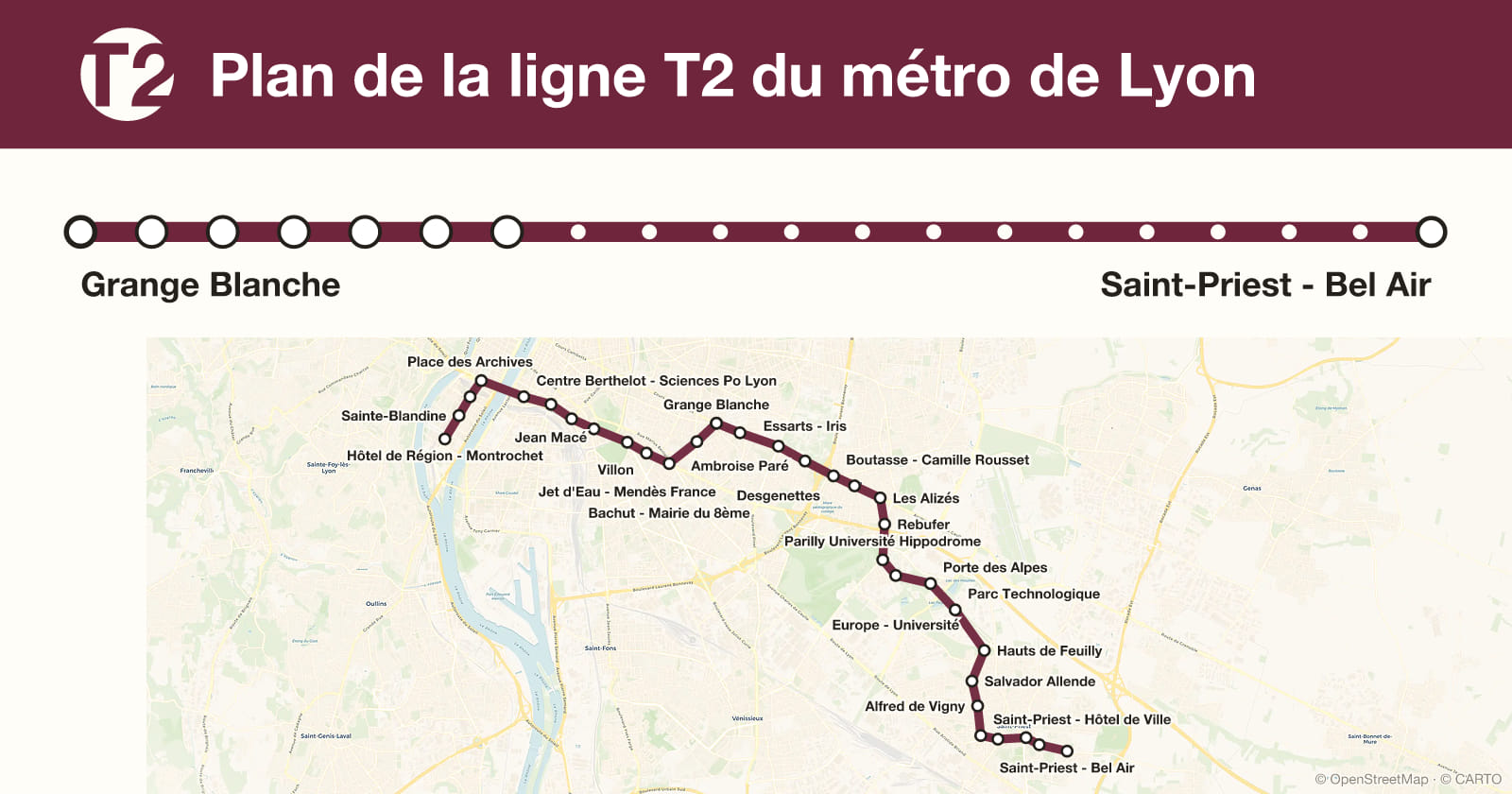 Line T2 map, Lyon metro