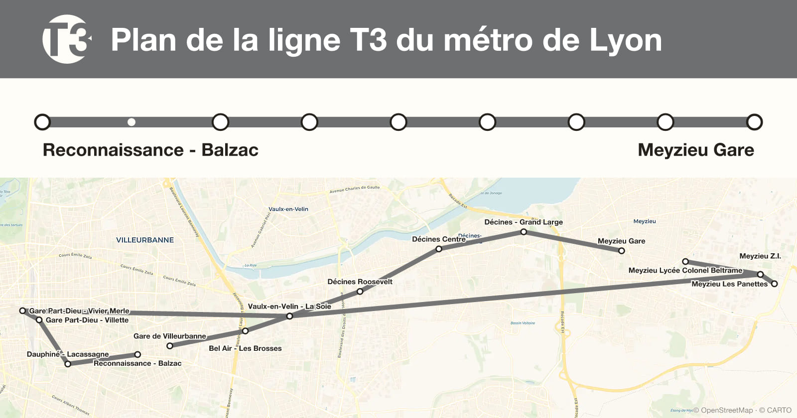 Plan de la ligne T3 du métro de Lyon