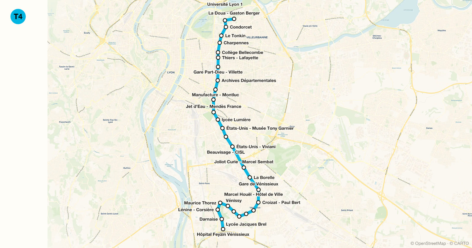 Line T4 map, Lyon metro