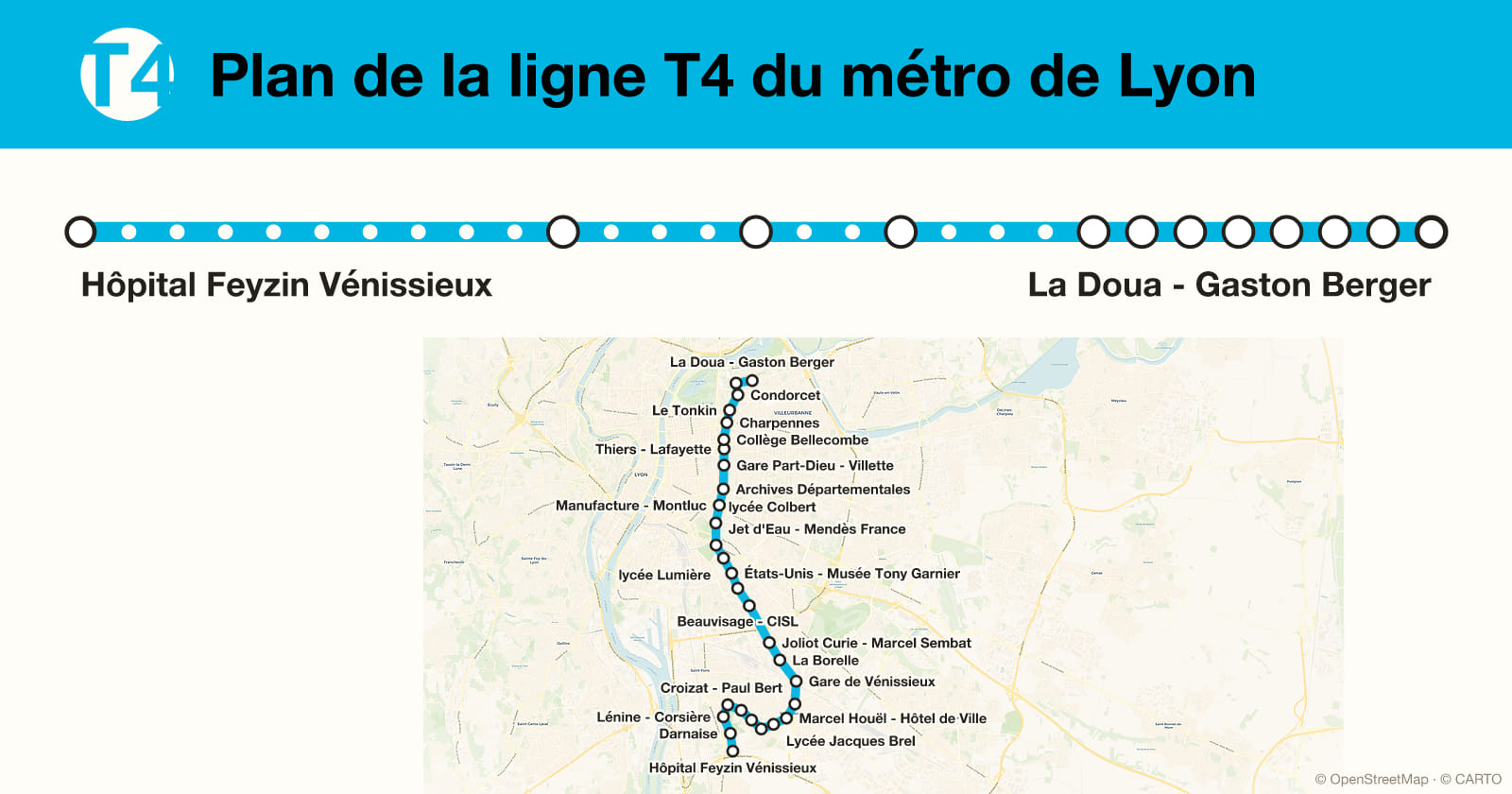 Plan de la ligne T4 du métro de Lyon