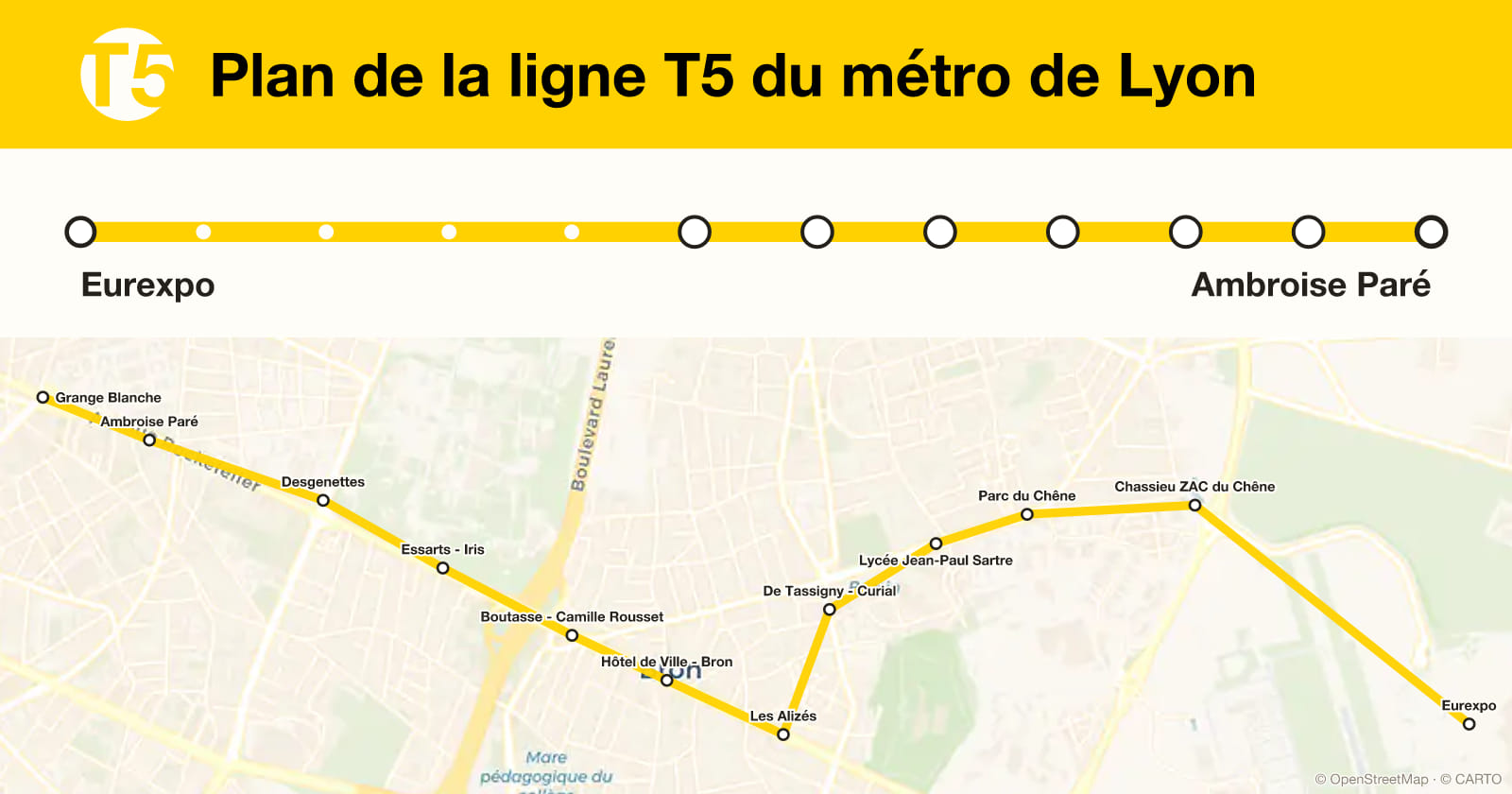 Plan de la ligne T5 du métro de Lyon