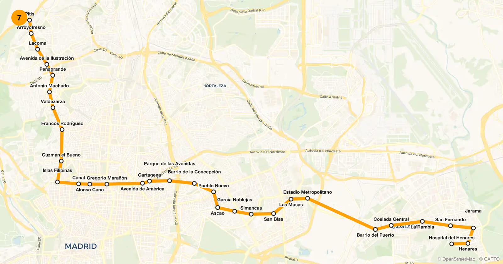 Line 7 map, Madrid metro