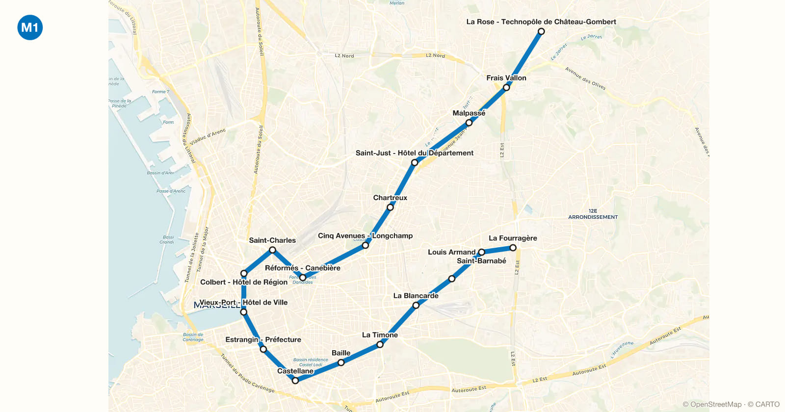 Line M1 map, Marseille metro