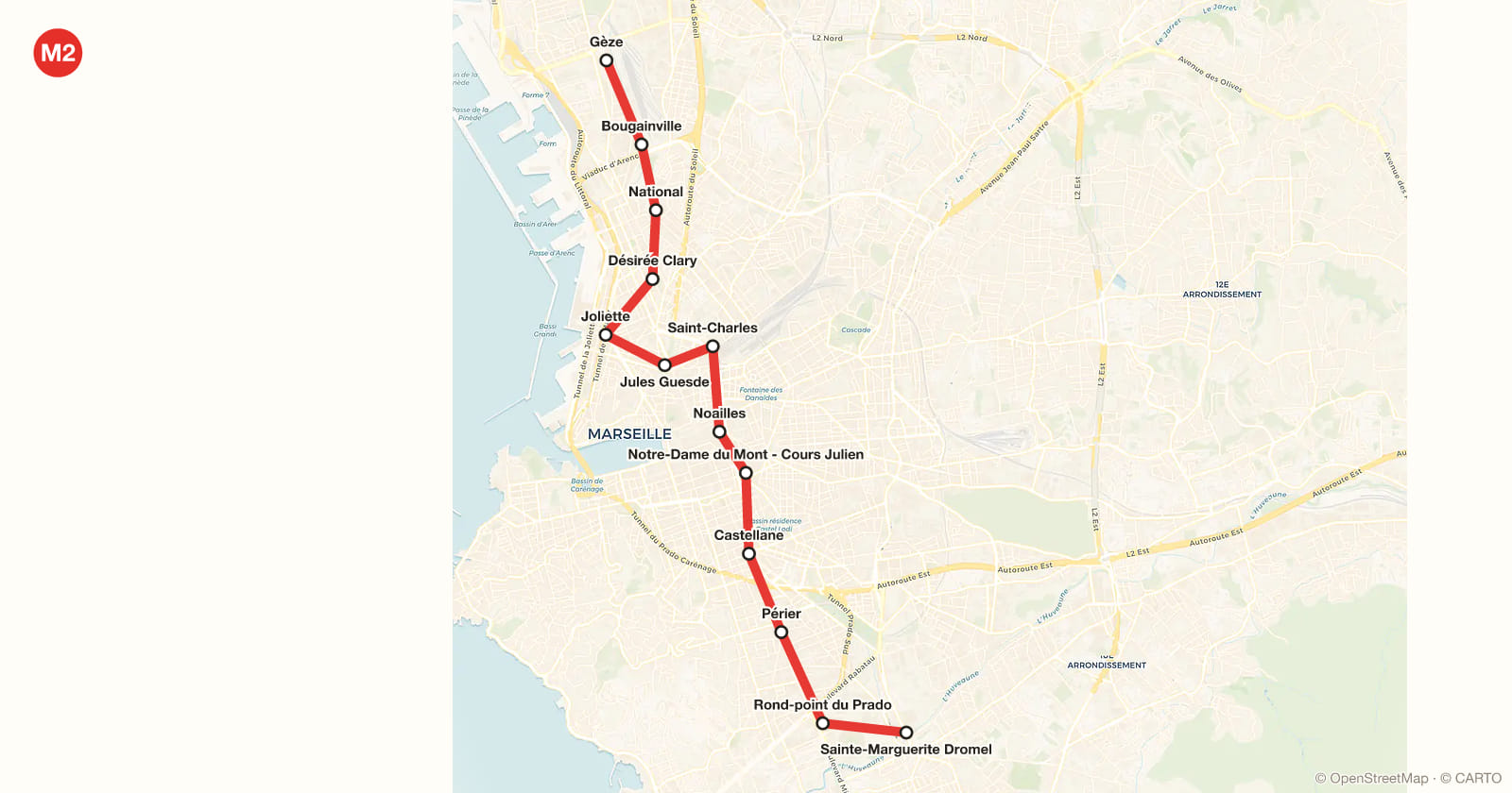 Line M2 map, Marseille metro