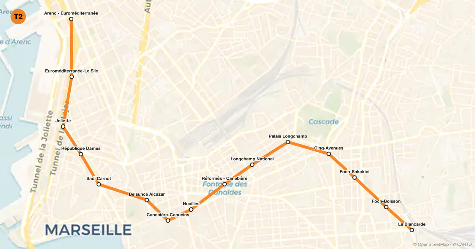 Plan de la ligne T2 du métro de Marseille