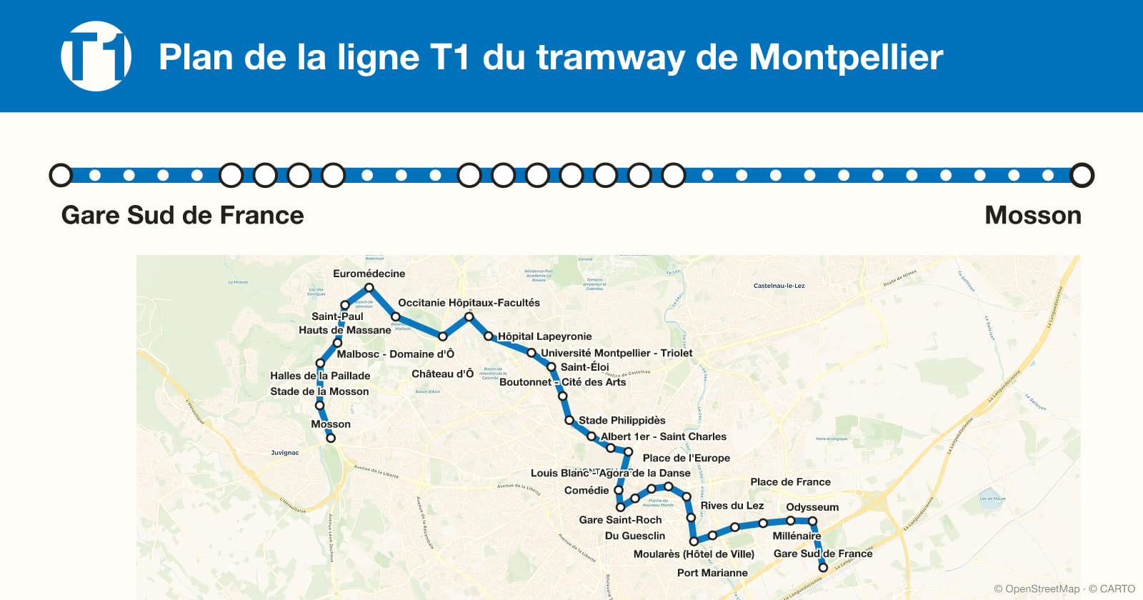 Plan de la ligne T1 du tramway de Montpellier