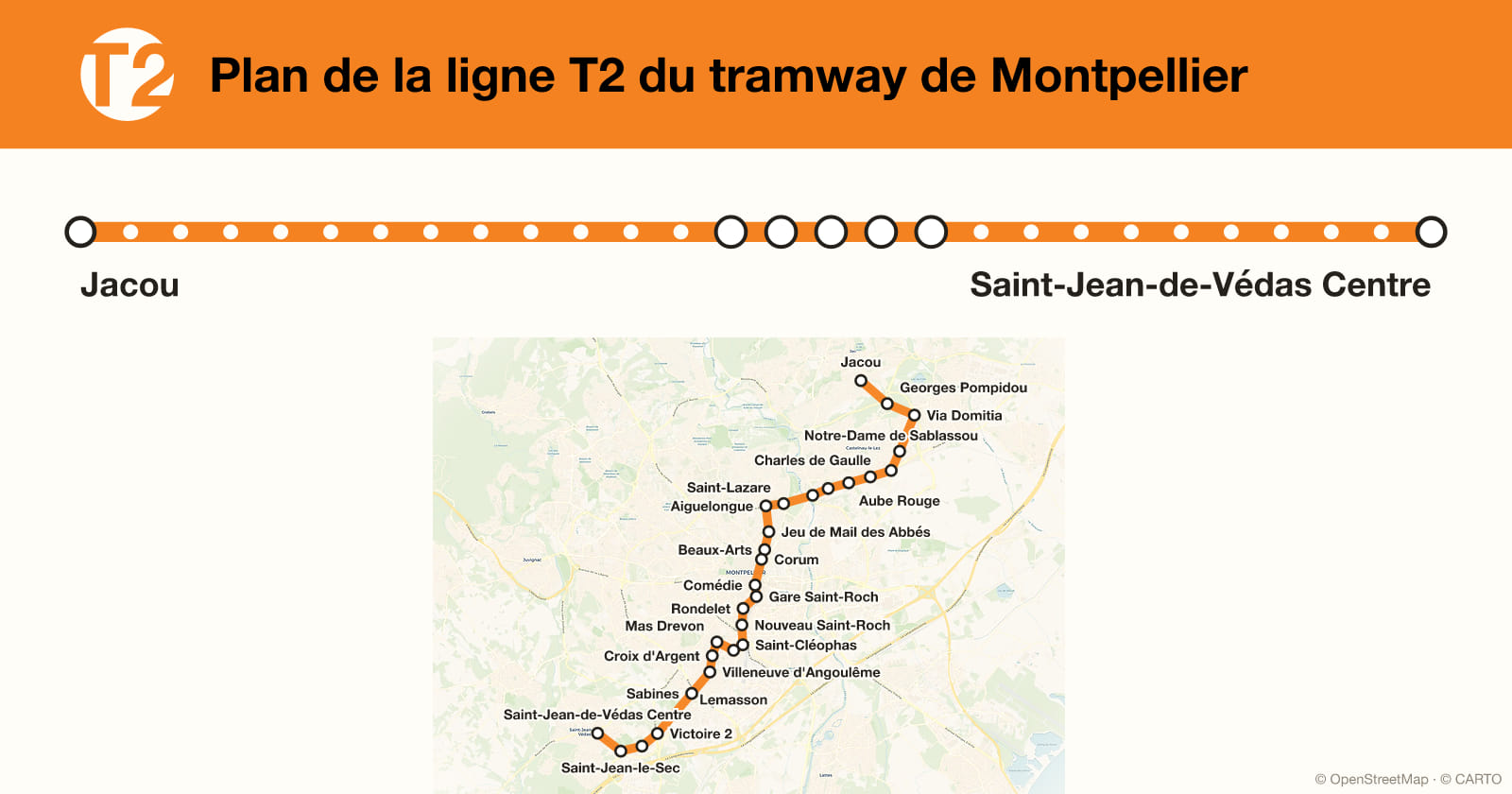 Plan de la ligne T2 du tramway de Montpellier