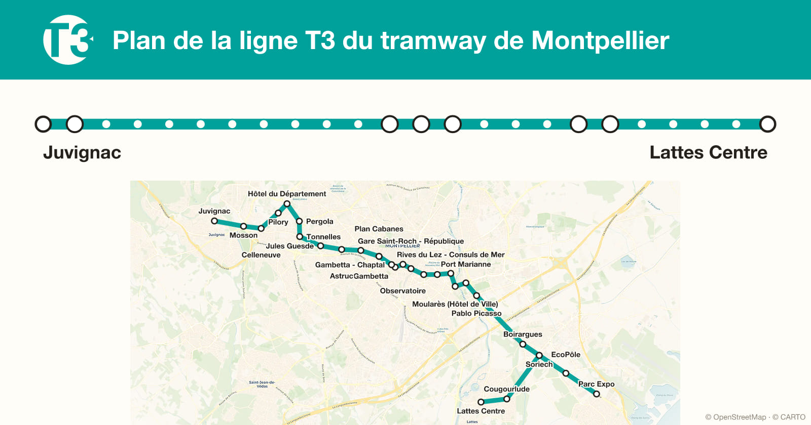 Line T3 map, Montpellier tram