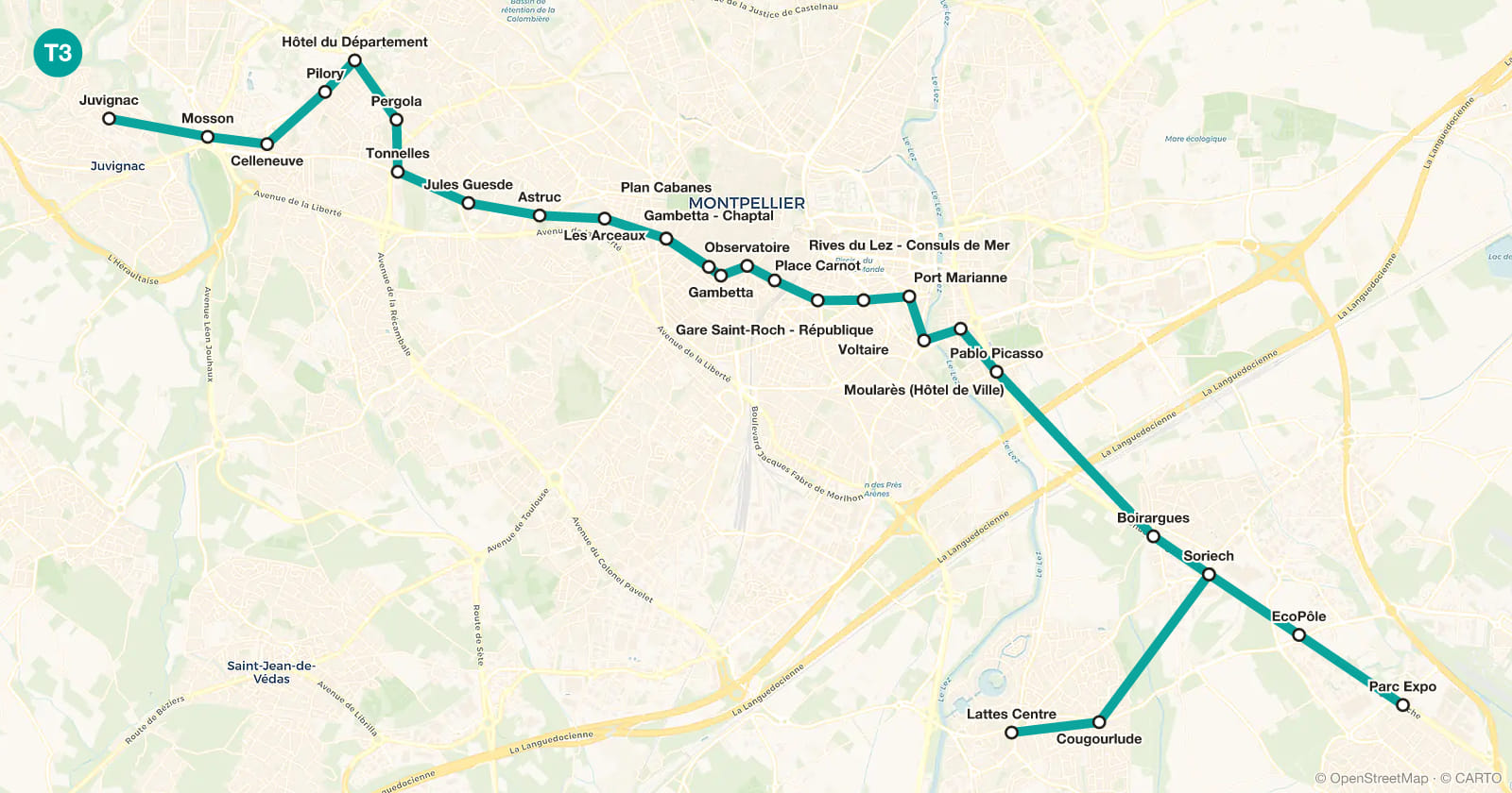 Plan de la ligne T3 du tramway de Montpellier