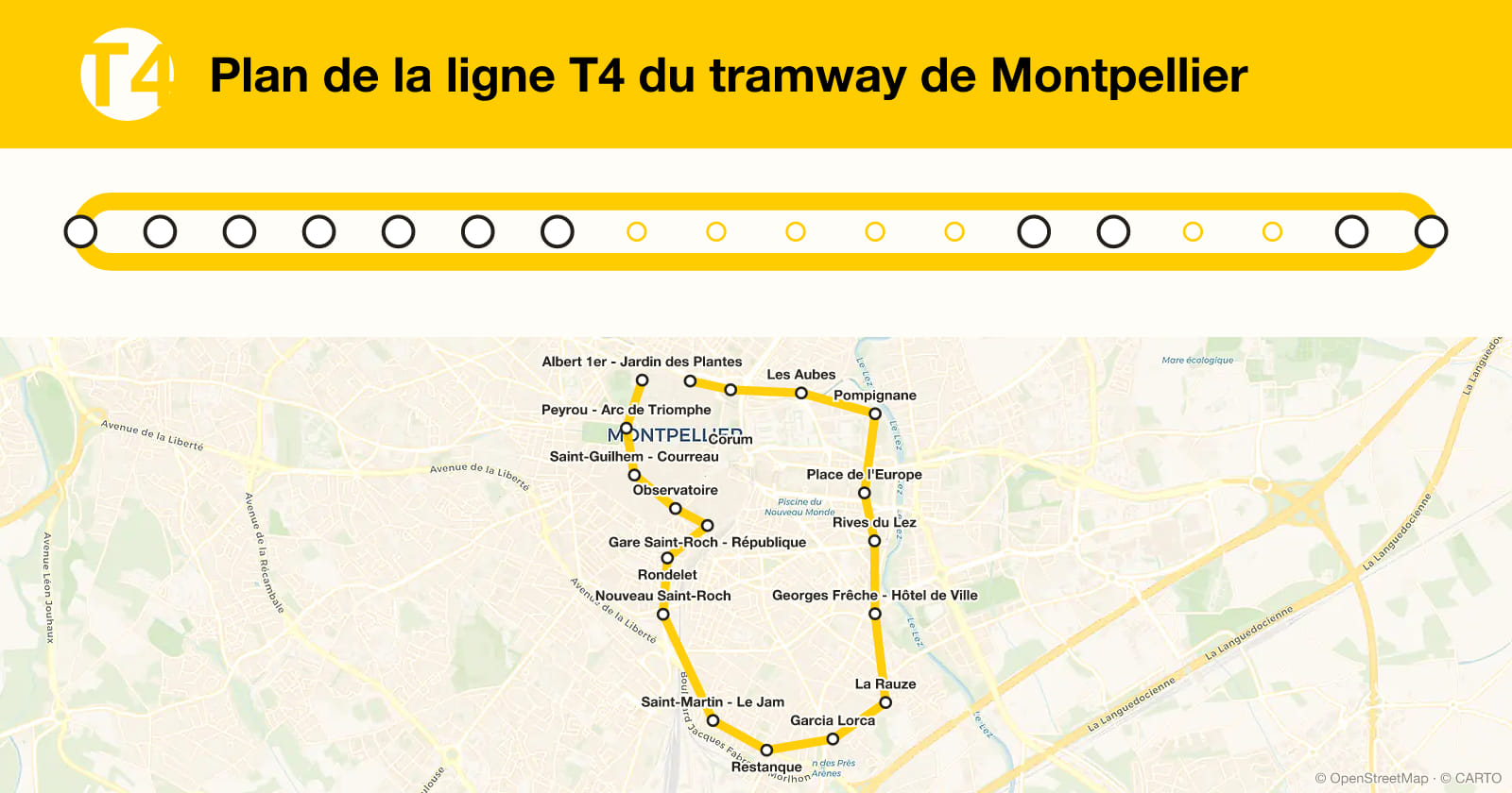 Line T4 map, Montpellier tram