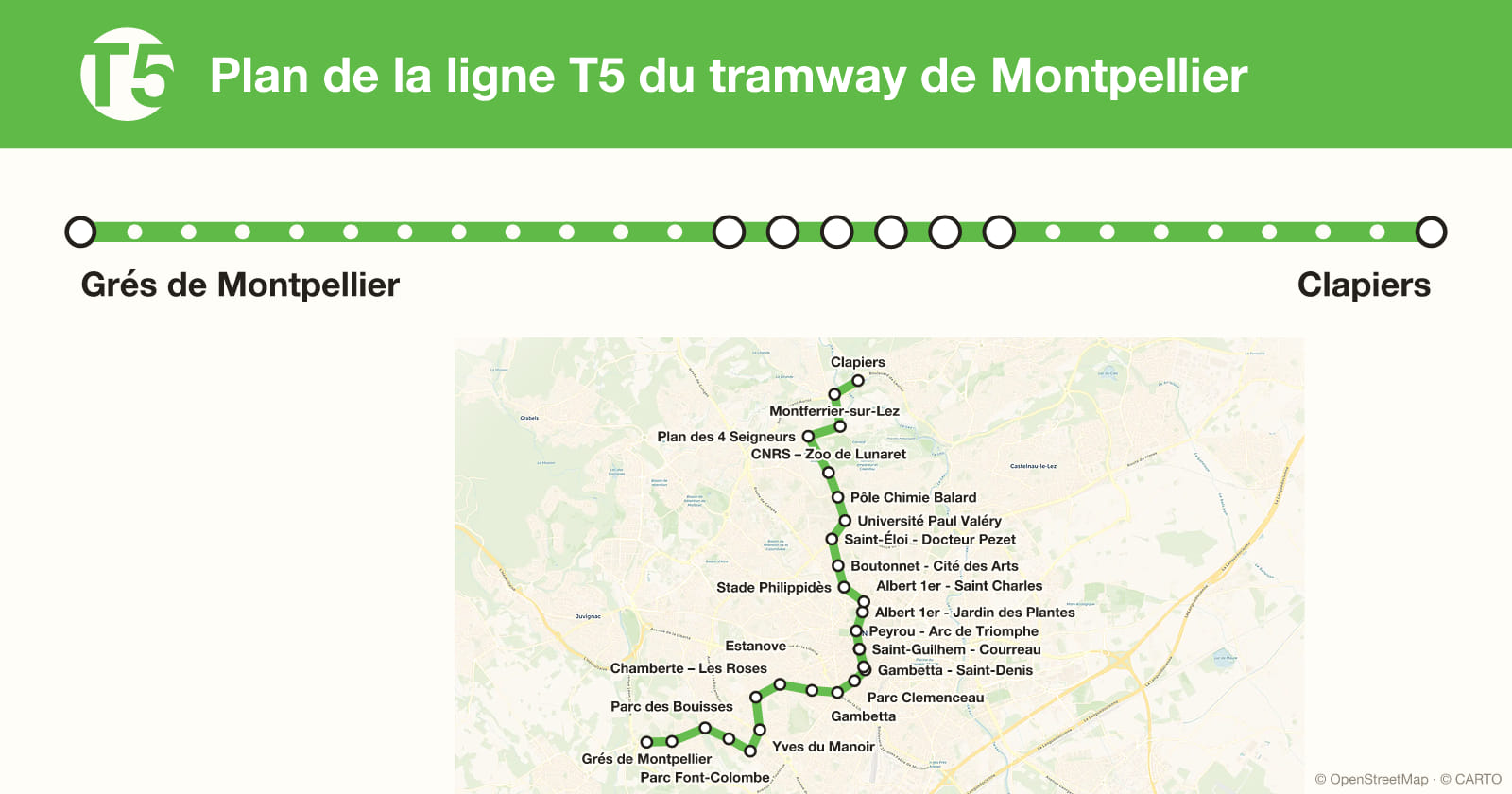 Plan de la ligne T5 du tramway de Montpellier
