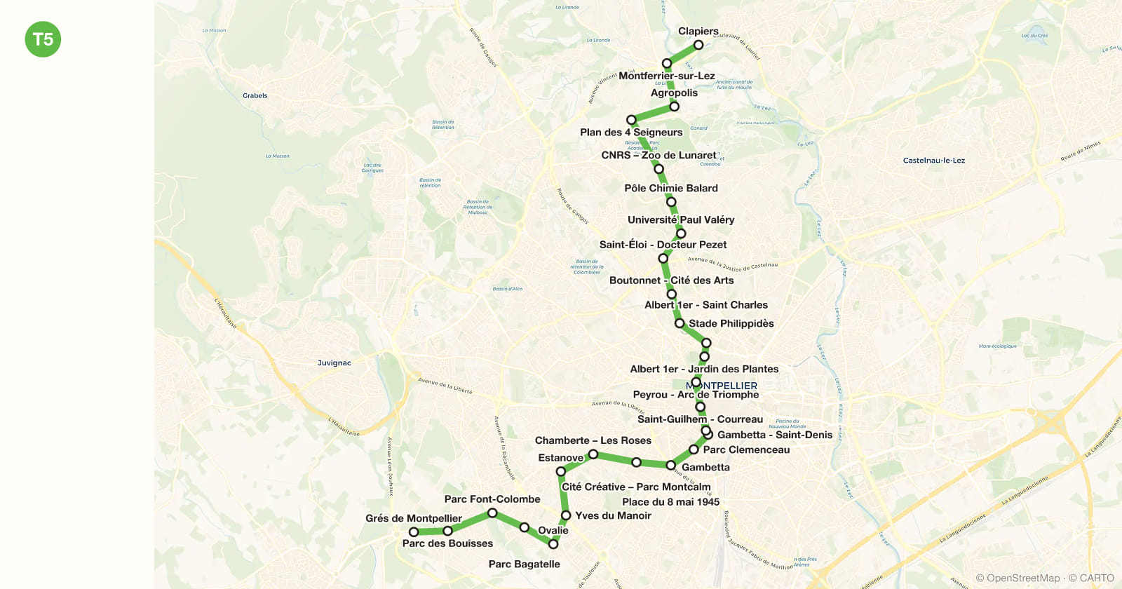 Line T5 map, Montpellier tram