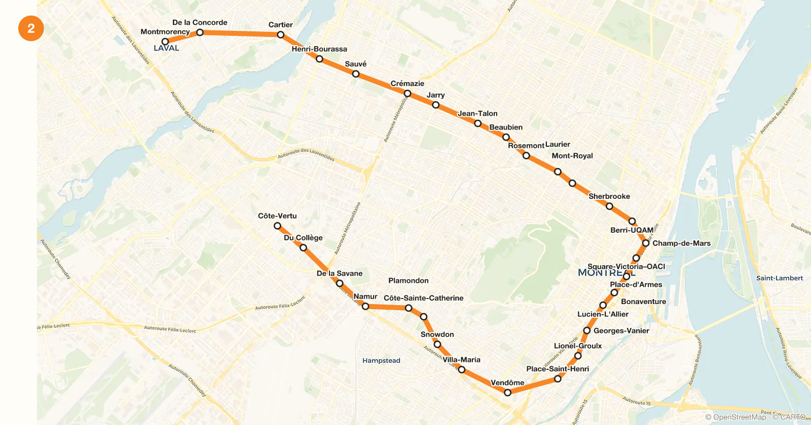 Line 2 map, Montreal metro