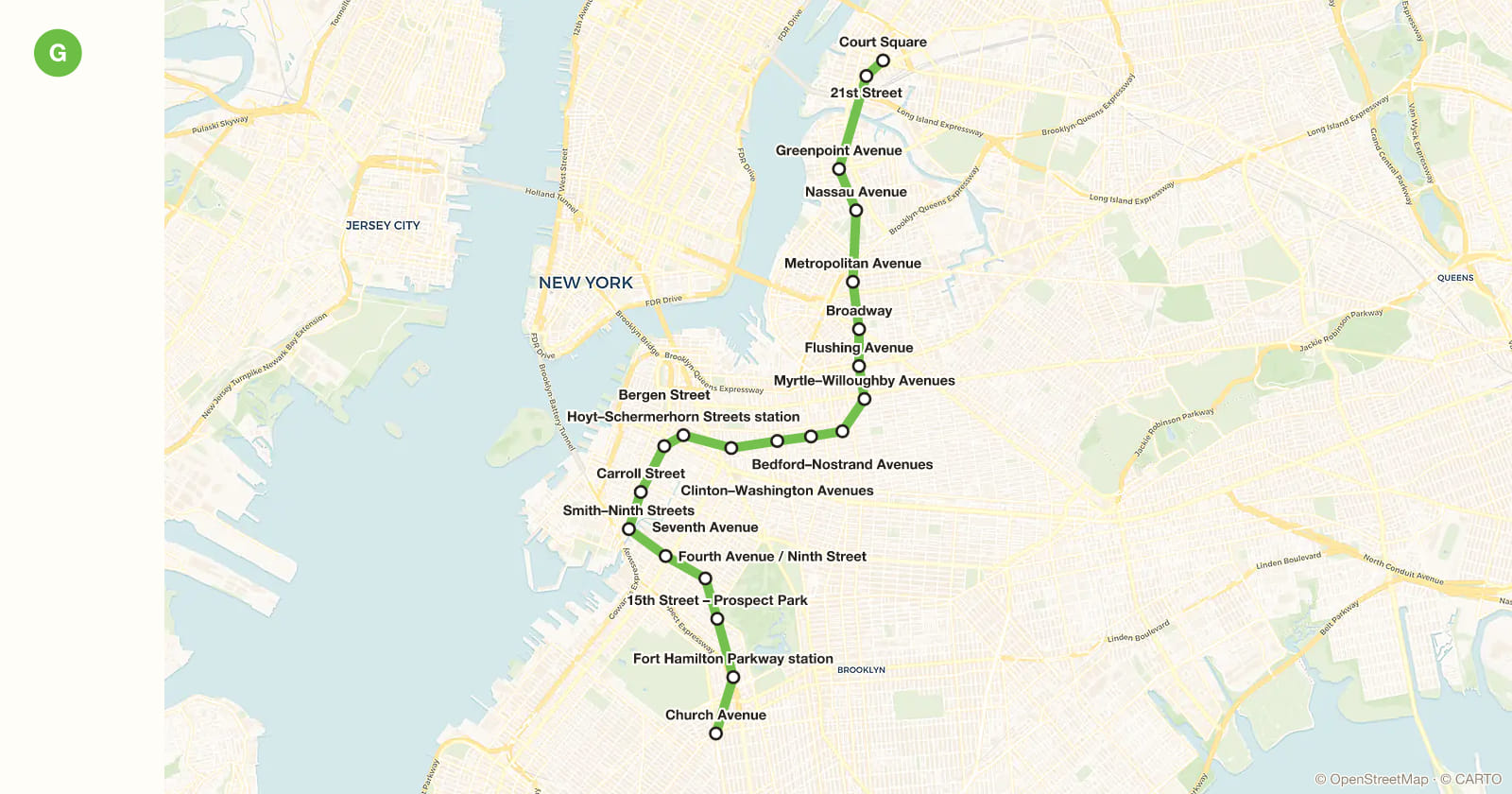 G line map, New York subway