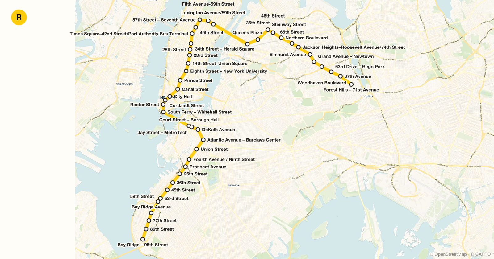 R line map, New York subway
