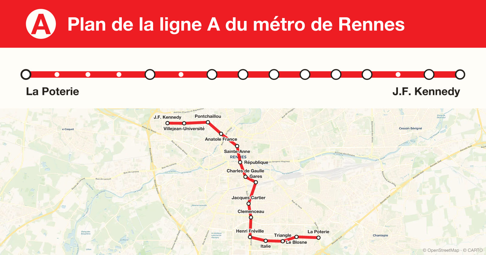 Plan de la ligne A du métro de Rennes