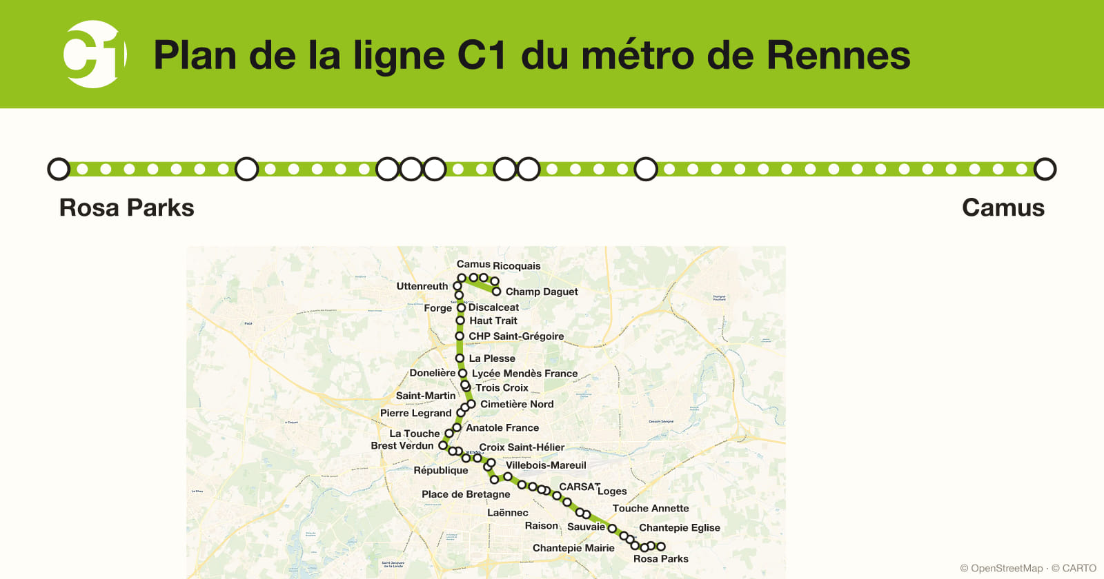 Plan de la ligne C1 du métro de Rennes