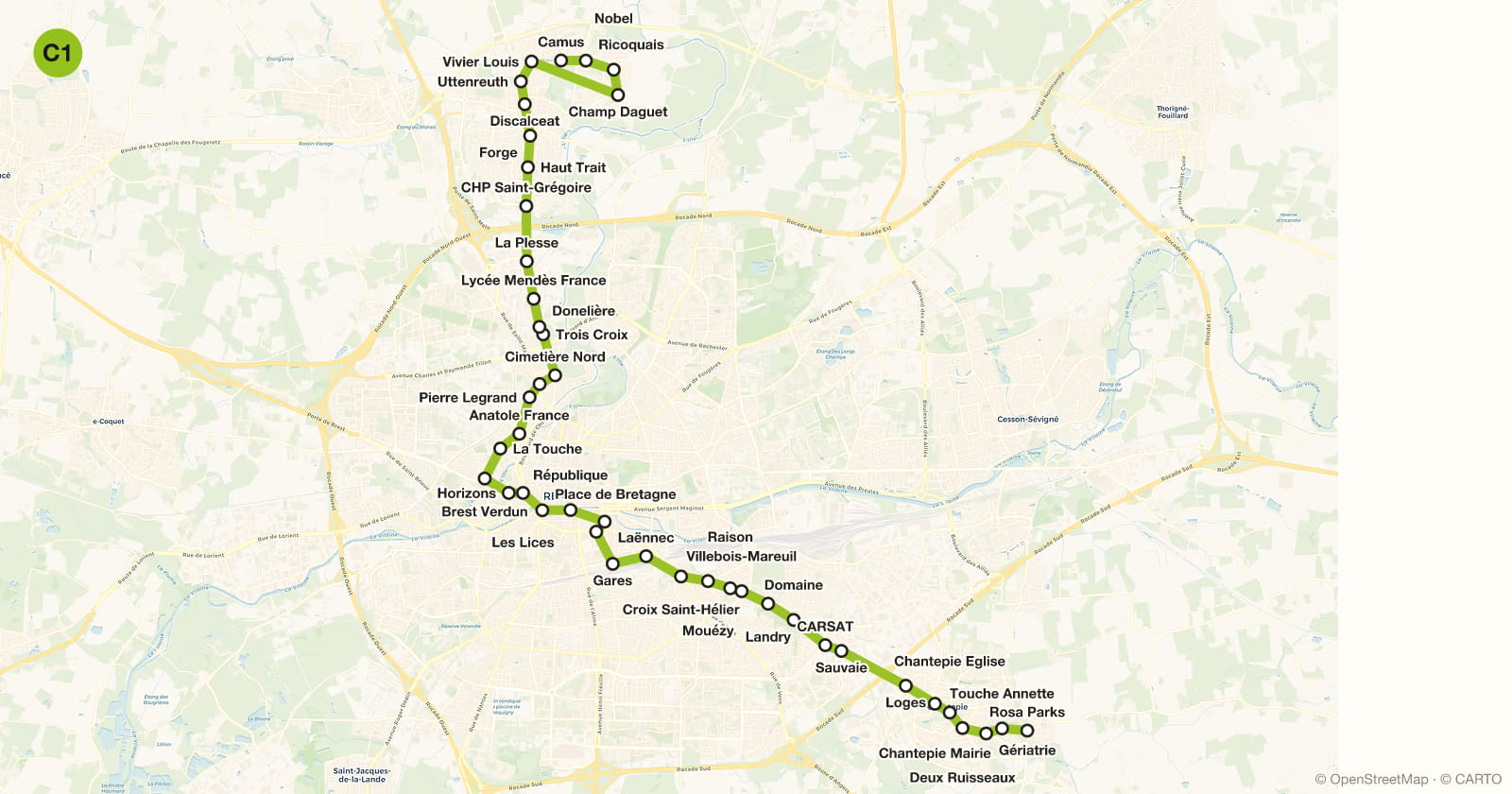 Line C1 map, Rennes metro