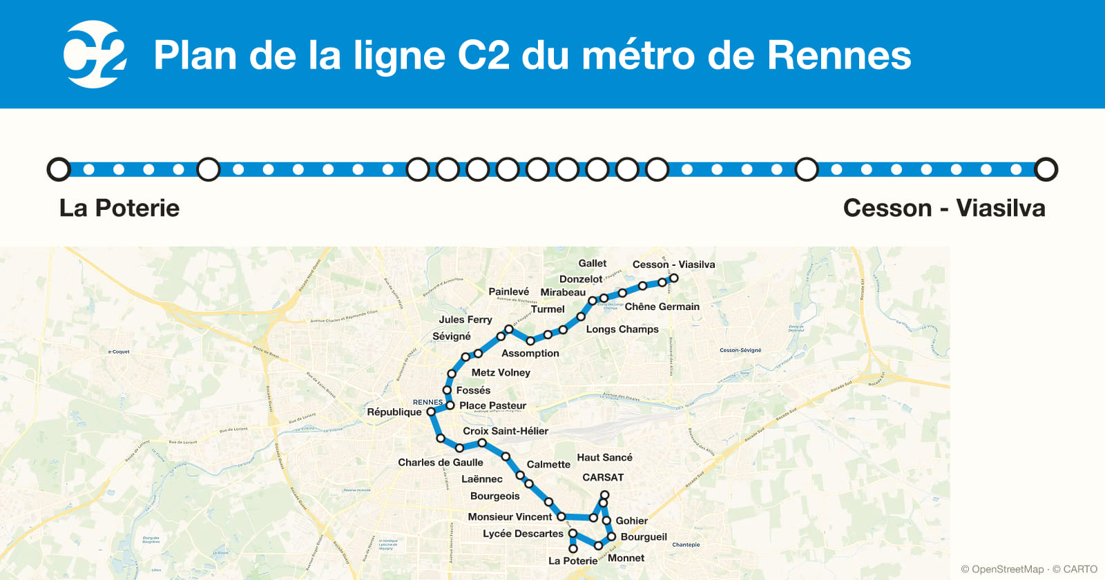 Plan de la ligne C2 du métro de Rennes