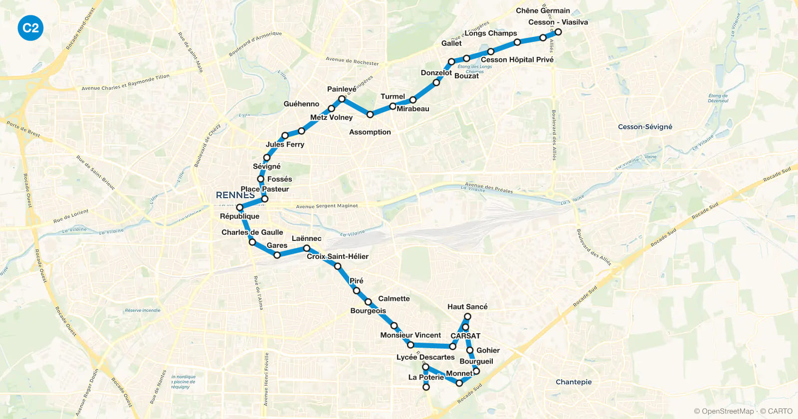 Plan de la ligne C2 du métro de Rennes