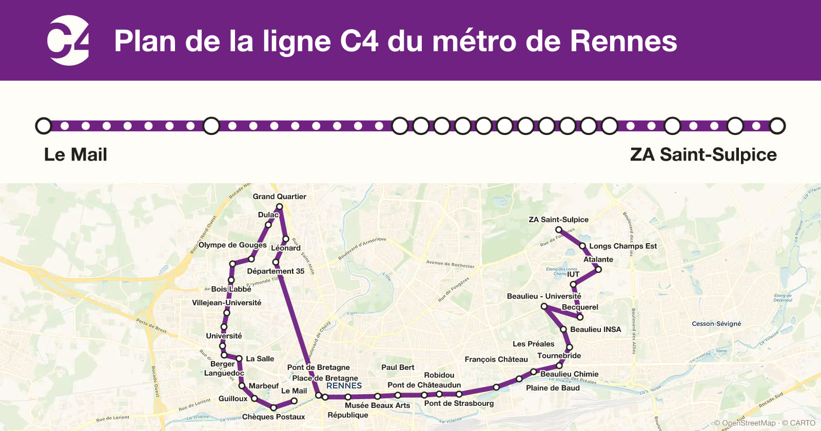 Plan de la ligne C4 du métro de Rennes