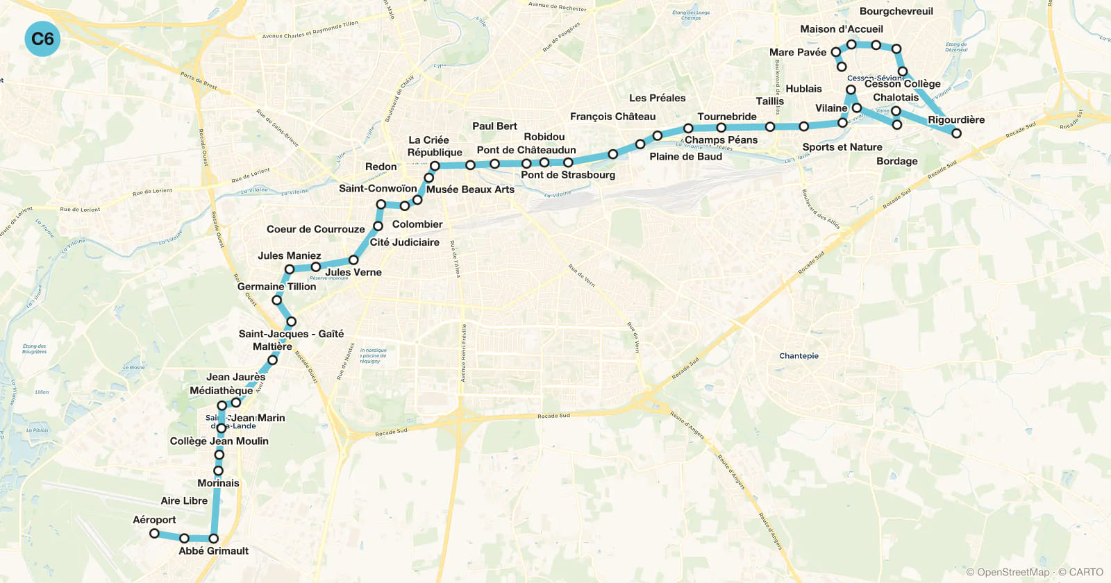 Plan de la ligne C6 du métro de Rennes