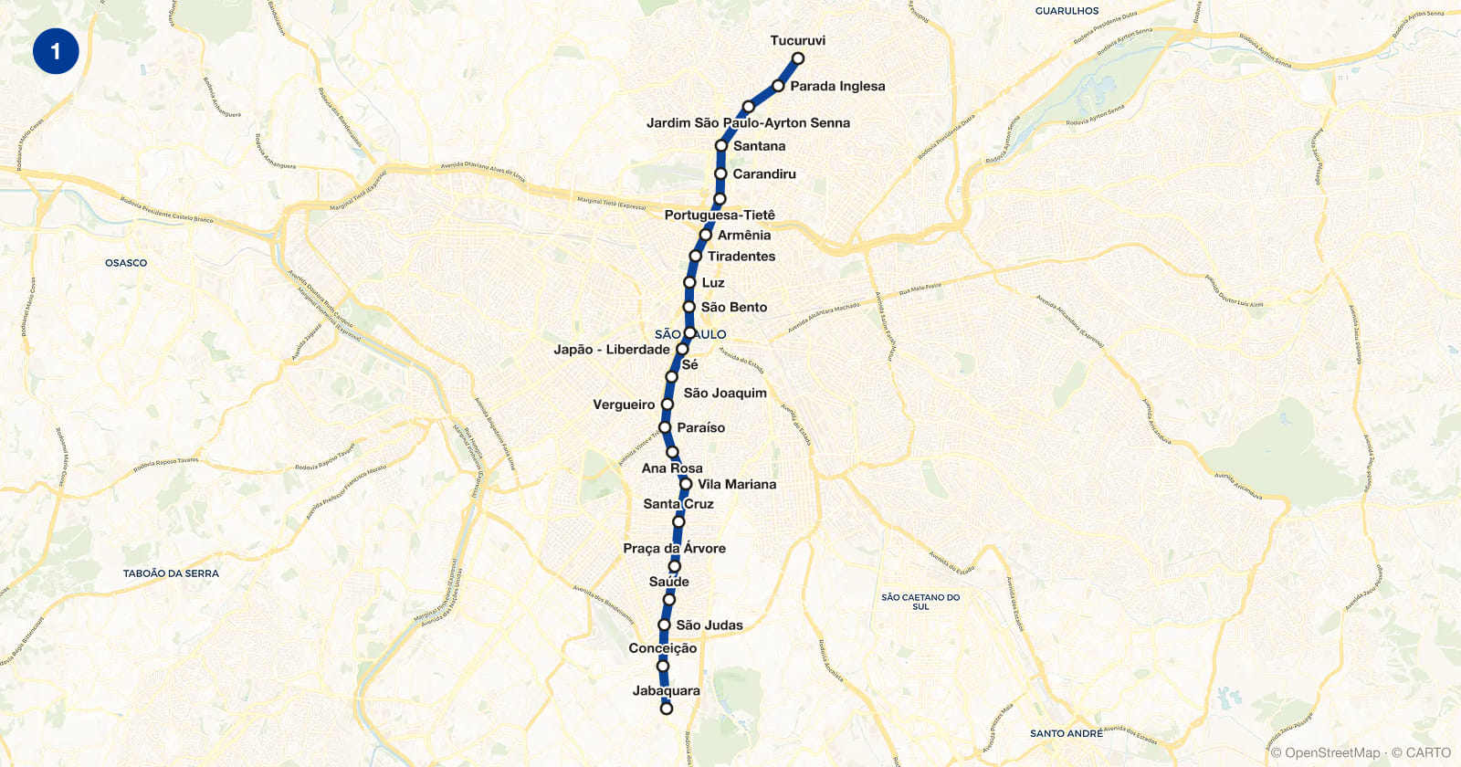 Mapa da linha 1 do metrô de São Paulo