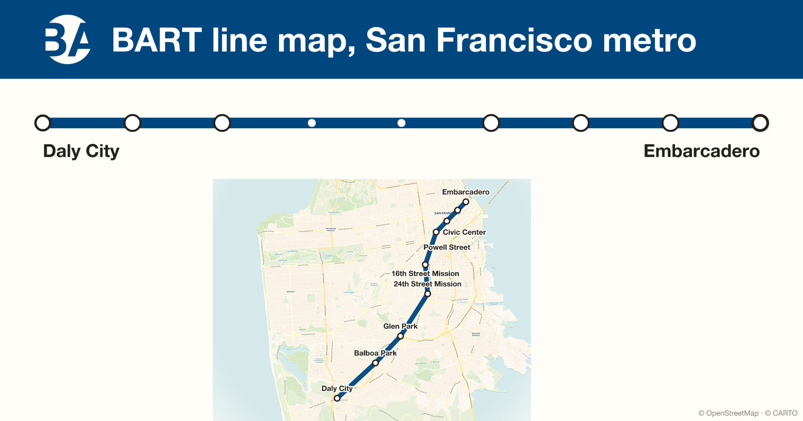 BART line map, San Francisco metro