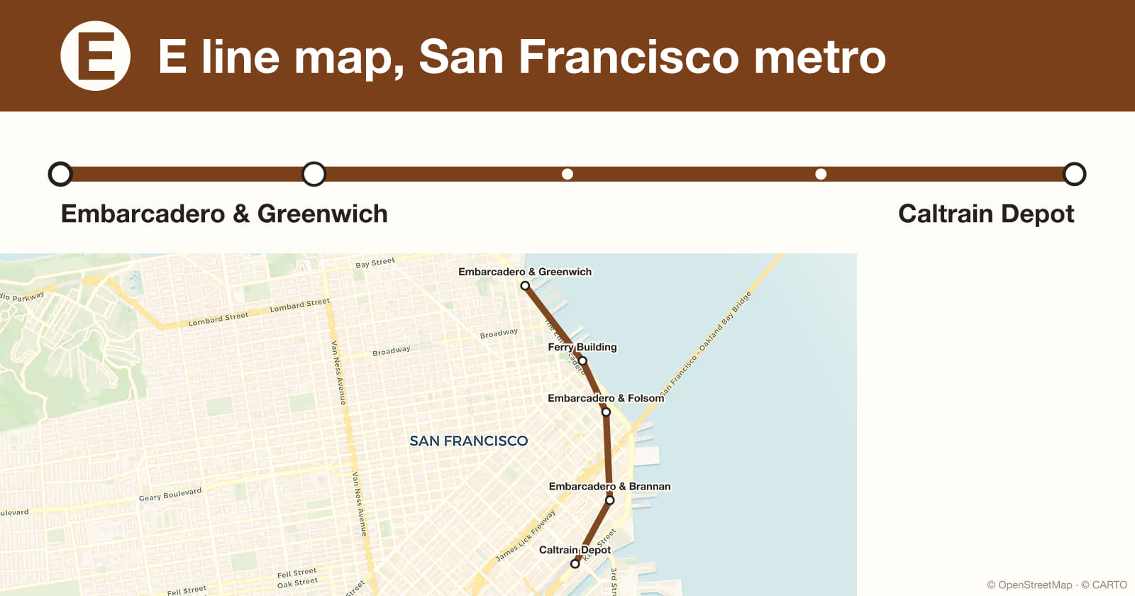 E line map, San Francisco metro