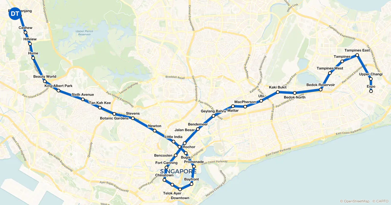 Downtown Line map, Singapore MRT