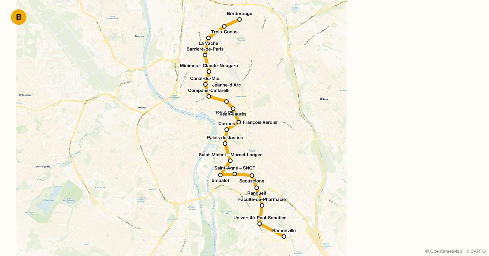 B line map, Toulouse metro