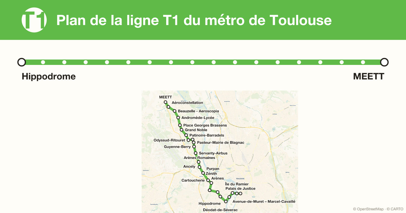 Plan de la ligne T1 du métro de Toulouse